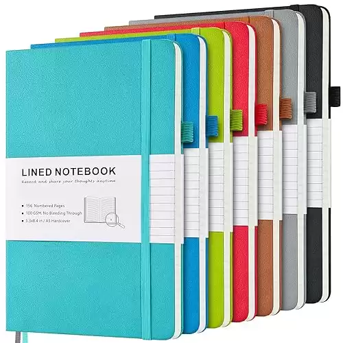 7 Pack Lined Journal Notebook, Hardcover PU Leather Notebook for Men Women, 100 GSM Thick Numbered Pages with Index Content, Inner Pockets, Bookmarks, A5 Ruled Writing Journal Bulk (Multicolor)