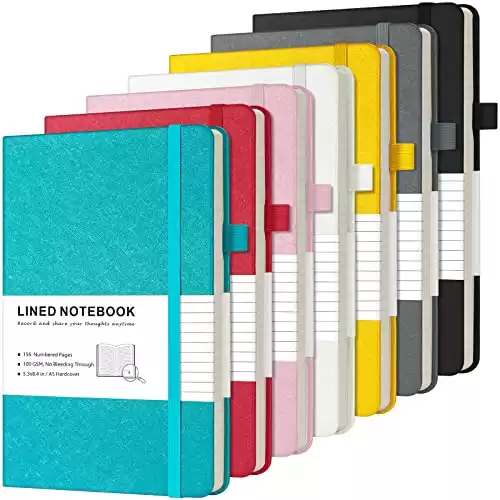 Lined Journal Notebook, 7 Pack Hardcover Leather Notebook Journal for Women Men, 100 GSM Thick Numbered Pages with Index, Inner Pockets, Bookmarks, A5 Ruled Writing Journals Bulk, Assorted Colors